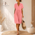 Vestido midi de lino para mujer, con cuello en V.