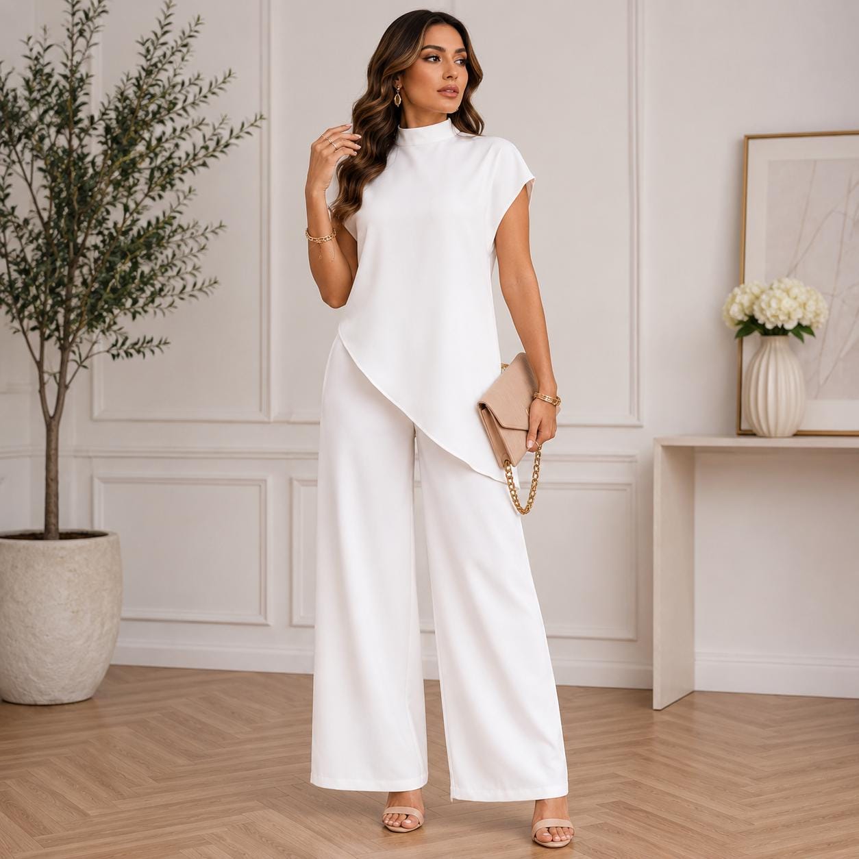 Conjunto de dos piezas pantalón ancho y top tipo túnica asimétrico.