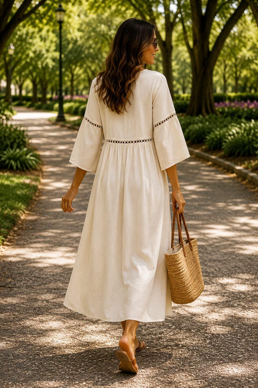 Vestido midi bohemio de lino con escote en V.