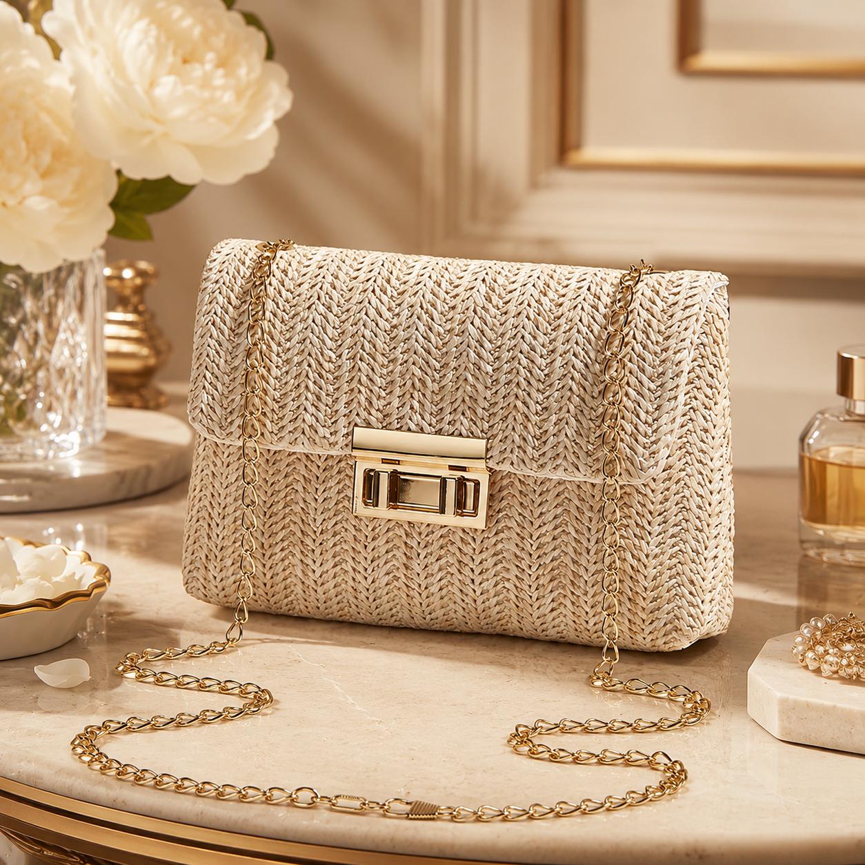 Bolso de hombro tejido cruzado estilo Boho con cadena.