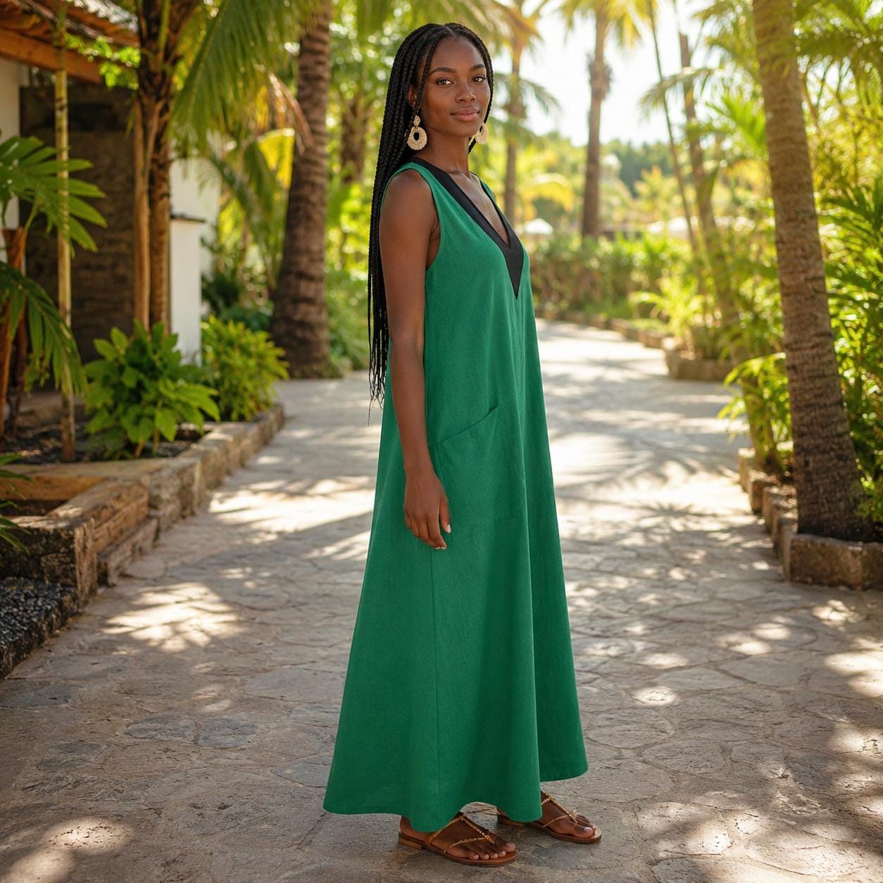 Vestido largo de algodón y lino