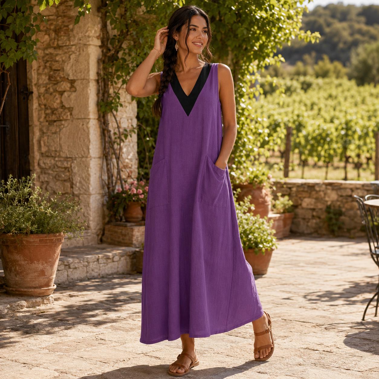 Vestido largo de algodón y lino