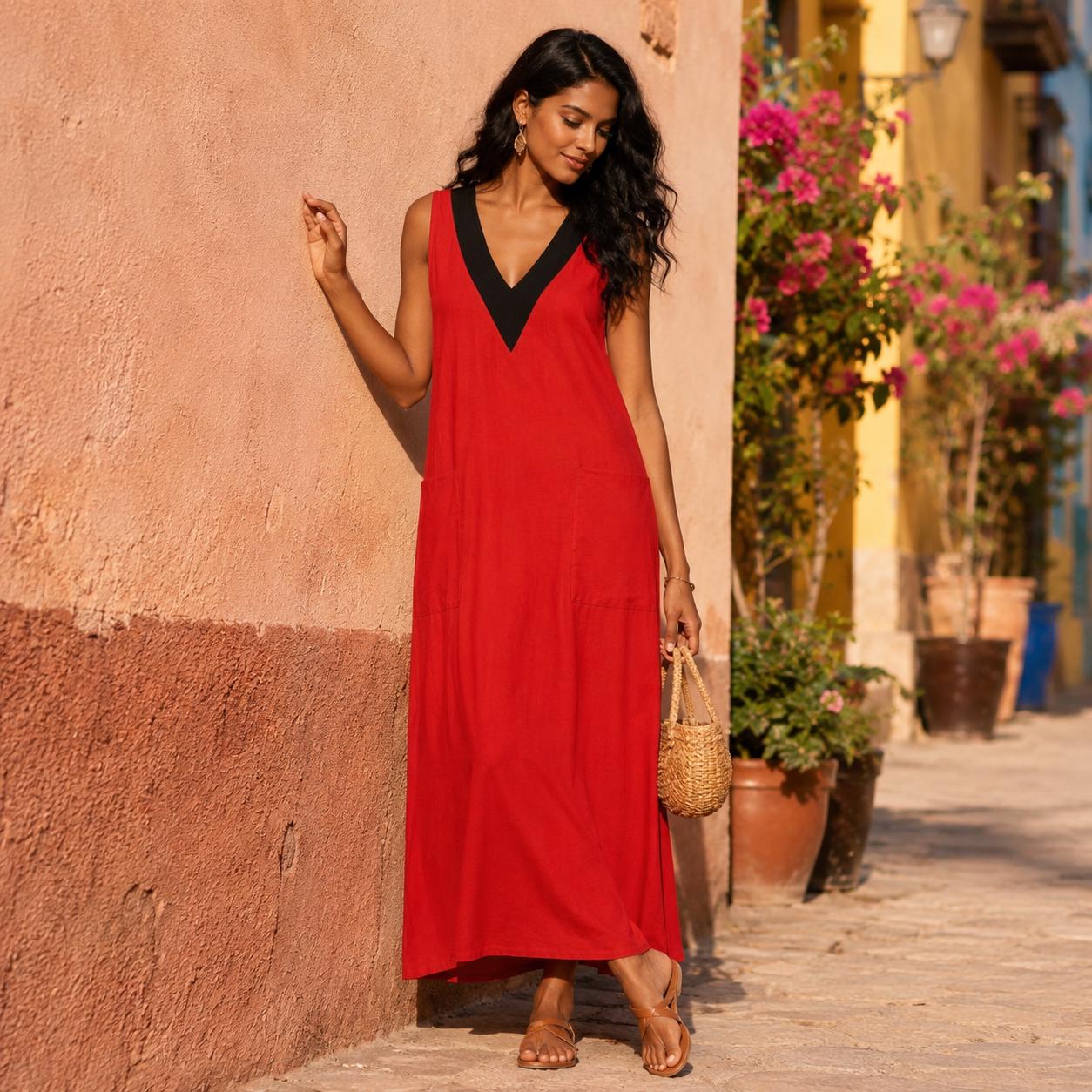 Vestido largo de algodón y lino