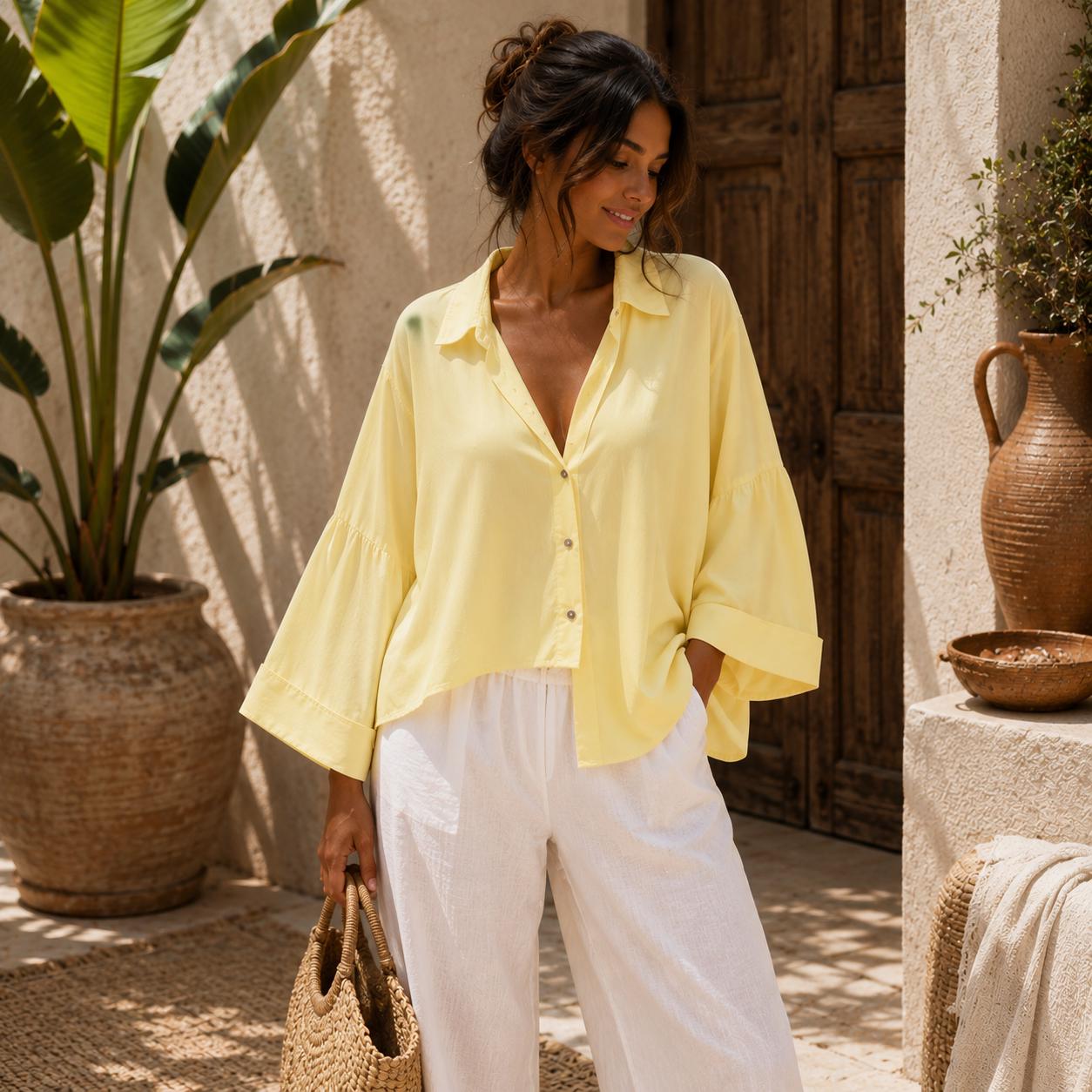 Camisa extragrande de mezcla de lino para mujer, blusa bohemia holgada.