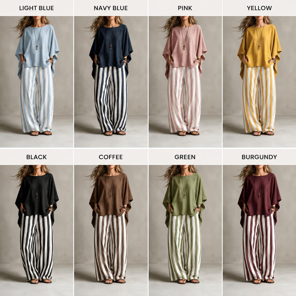 Conjunto de pantalón ancho a rayas y top de manga murciélago