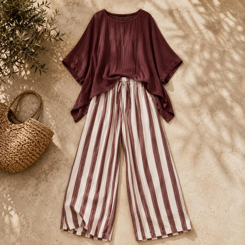 Conjunto de pantalón ancho a rayas y top de manga murciélago