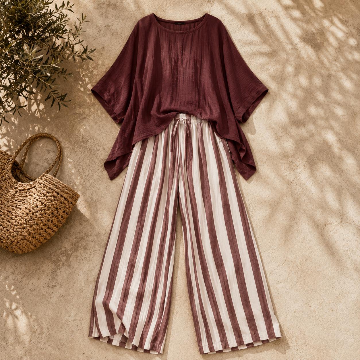 Conjunto de pantalón ancho a rayas y top de manga murciélago