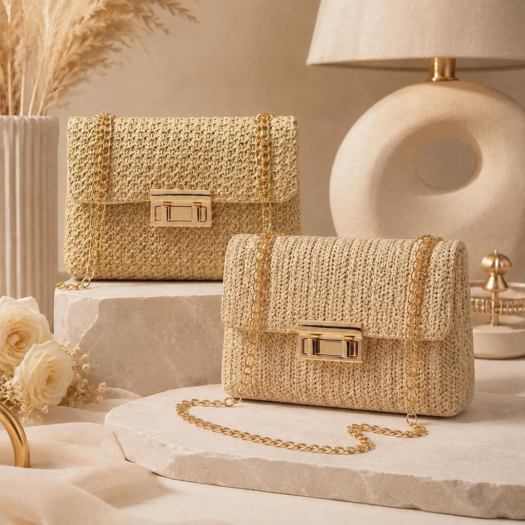 Bolso de hombro tejido cruzado estilo Boho con cadena.