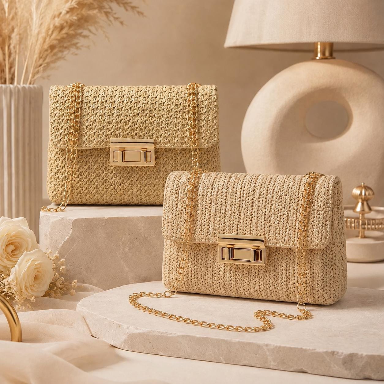 Bolso de hombro tejido cruzado estilo Boho con cadena.